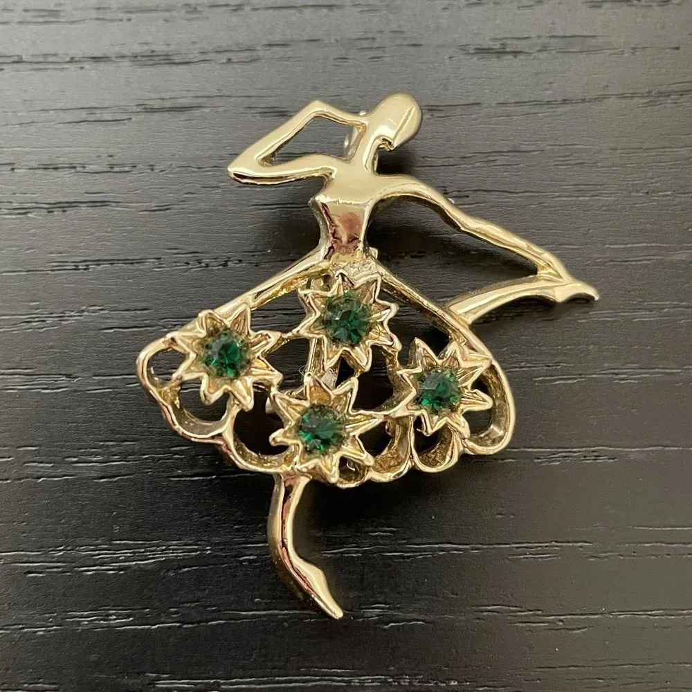 Gerry’s Brooch Ballerina Dancer Figural W/ Tutu Gold Toned Green Rhinestones Pin